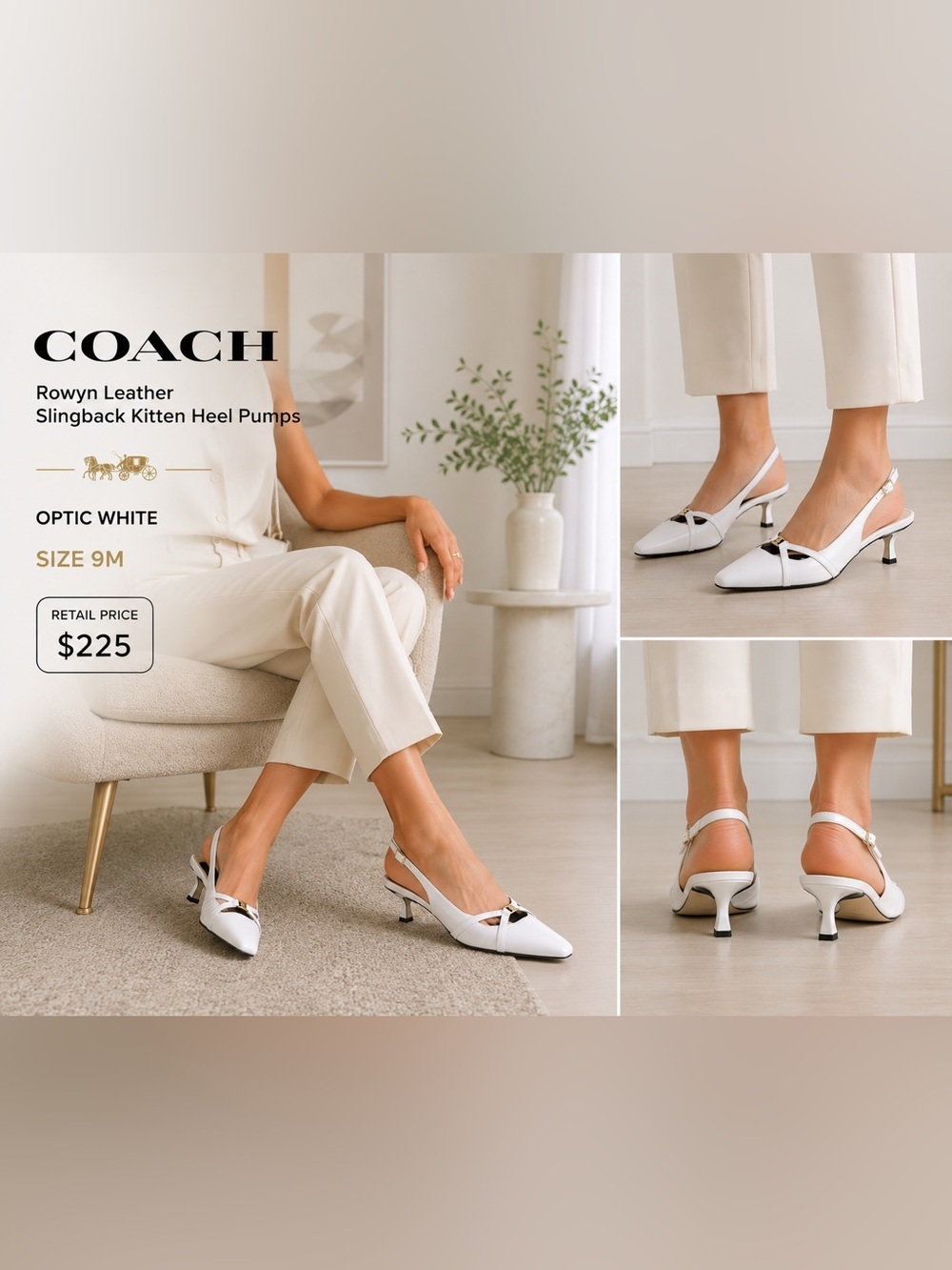 COACH Rowyn Smooth
Leather Slingback Pumps in Optic
White - Size 9M NIBOX